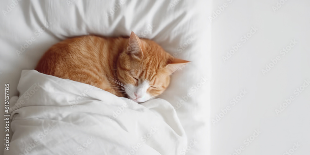 Portrait of a cute ginger cat sleeping on the white pillow 