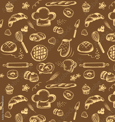 Bakery seamless pattern retro vintage color style food hand drawing illustration bread cookies elements icons