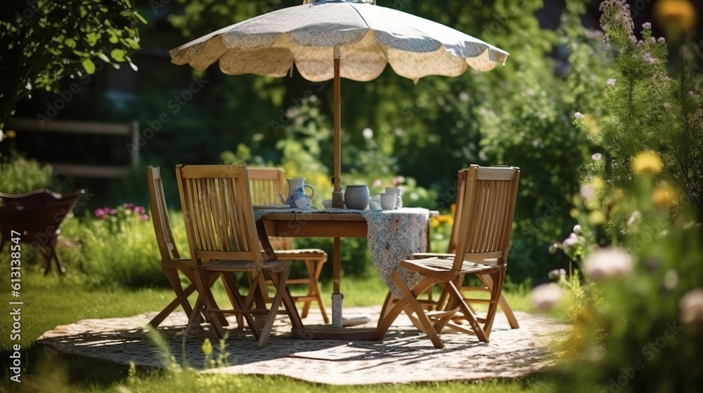 AI Generated. AI Generative. Summer garden picnic table party with umbrella. Coffee dinner family europe time. Graphic Art AI Generated. AI Generative. Summer garden picnic table party with umbrella. Coffee dinner family europe time. Graphic Art