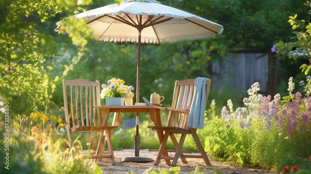Obraz premium AI Generated. AI Generative. Summer garden picnic table party with umbrella. Coffee dinner family europe time. Graphic Art