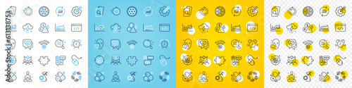 Vector icons set of Organic tested, Deflation and Cable section line icons pack for web with Update data, Financial diagram, Face attention outline icon. Skin condition, Settings gear. Vector