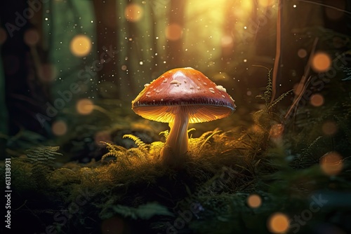 Fairy Tale in the Forest - Magic Fungal Mushrooms and Lush Green Plants in a Mystical Mistry: Generative AI © AIGen