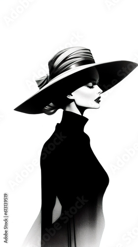 A black and white photo of a woman wearing a hat. Generative AI.