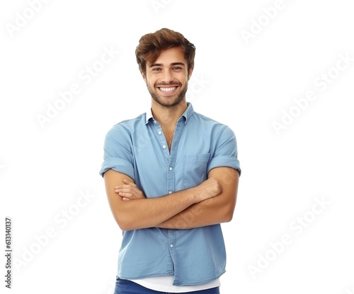 Portrait of handsome smiling young man with folded arms isolated on a white background. Generative Ai