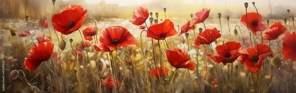 Fototapeta premium Horizontal banner with a view of a country field with poppies flowers in summer, generated by AI