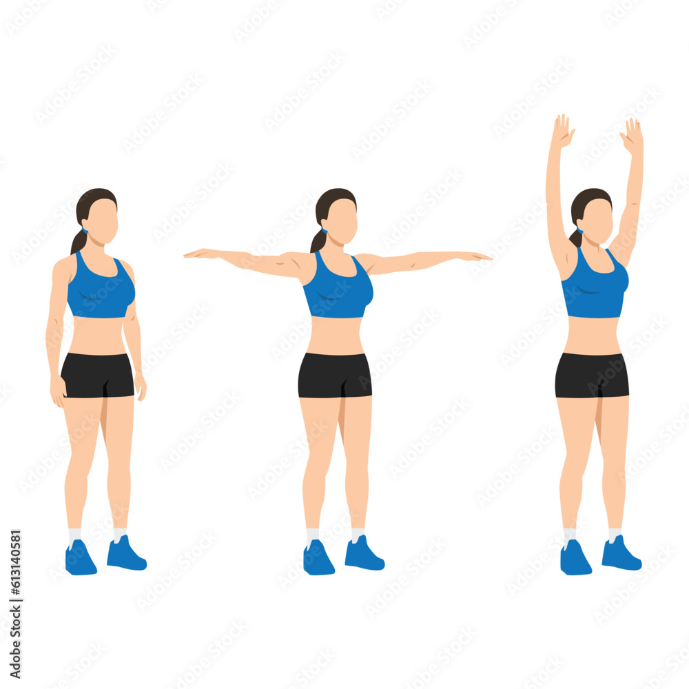 Woman doing double arm side or lateral raises to overhead extension exercise. Flat vector illustration isolated on white background Woman doing double arm side or lateral raises to overhead extension exercise. Flat vector illustration isolated on white background