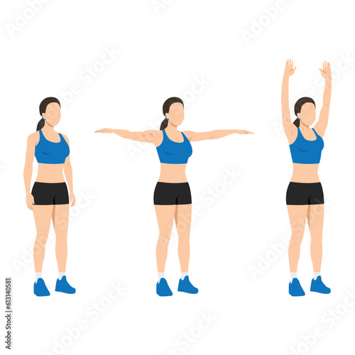 Woman doing double arm side or lateral raises to overhead extension exercise. Flat vector illustration isolated on white background
