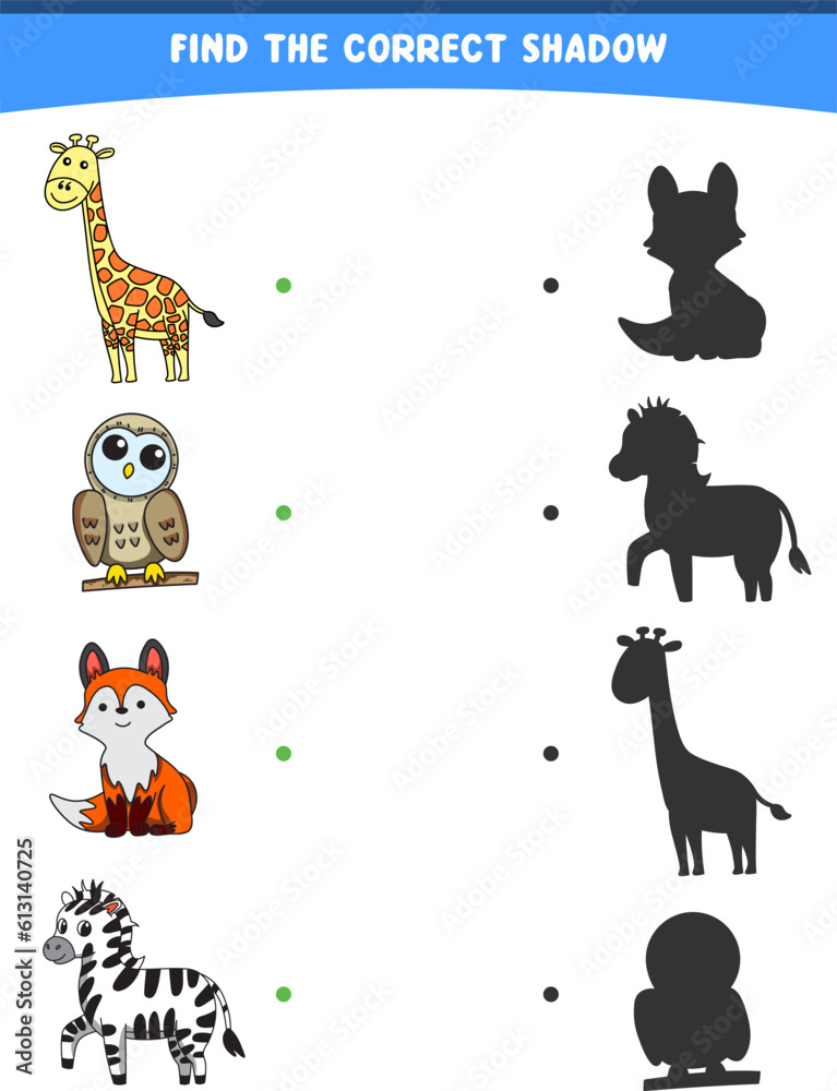 Obraz premium vector illustration finding the correct shadow wild animals giraffe owl fox zebra printable
