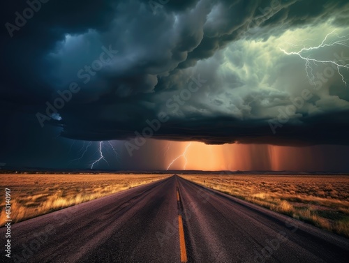 Thunderstorm over the road in the prairie of the United States, Stormy sky with lightning striking. Storm in the prairie with lightning and stormy sky. generative AI