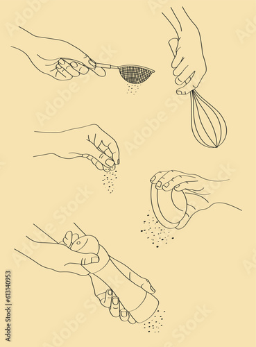 Set of hand drawn sketch style vector illustration of hands holding a sieve; adding salt, pepper, ingredients; straining powered sugar; mixing with a whisk.