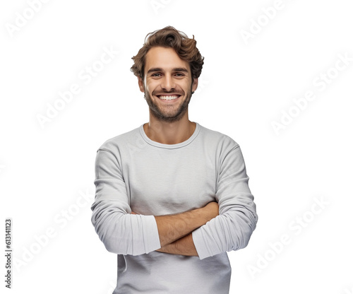 Portrait of handsome smiling young man with folded arms isolated on a white background. 