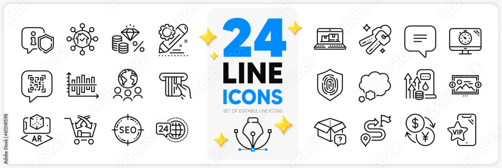 Icons set of Web inventory, Currency exchange and Text message line icons pack for app with Diagram chart, Keys, Shield thin outline icon. Global business, Vip phone, Fuel price pictogram. Vector