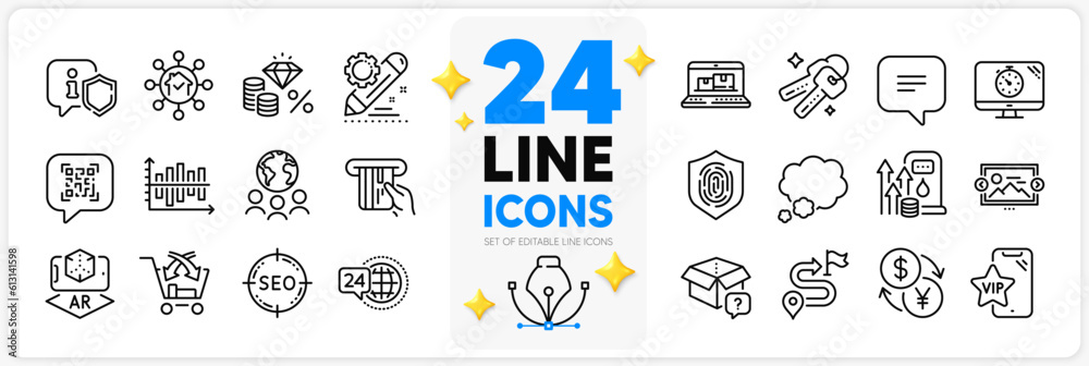 Icons set of Web inventory, Currency exchange and Text message line icons pack for app with Diagram chart, Keys, Shield thin outline icon. Global business, Vip phone, Fuel price pictogram. Vector Icons set of Web inventory, Currency exchange and Text message line icons pack for app with Diagram chart, Keys, Shield thin outline icon. Global business, Vip phone, Fuel price pictogram. Vector