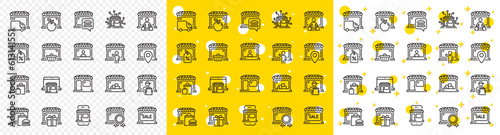 Online Marketplace, Wholesale Shop, Network Marketing. Market store line icons. Store showcase, grocery shop, buyer line icons. Retail seller, fresh market, food delivery. Marketplace app. Vector