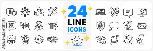 Icons set of Web inventory, Currency exchange and Text message line icons pack for app with Diagram chart, Keys, Shield thin outline icon. Global business, Vip phone, Fuel price pictogram. Vector