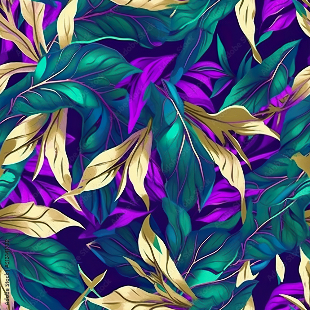 A purple and green seamless neon metallic leaf pattern. Generative AI. A purple and green seamless neon metallic leaf pattern. Generative AI.