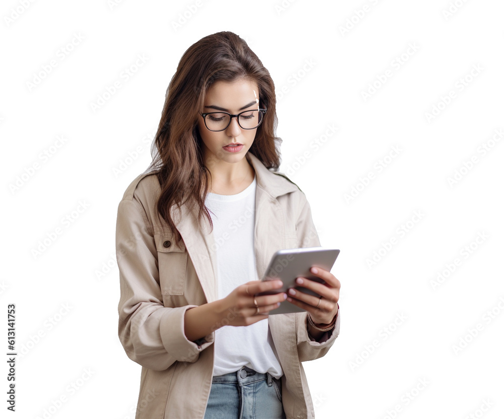 Photo of a pretty, sweet female doctor in jeans and glasses, reading news on an device isolated on a white background. Generative Ai