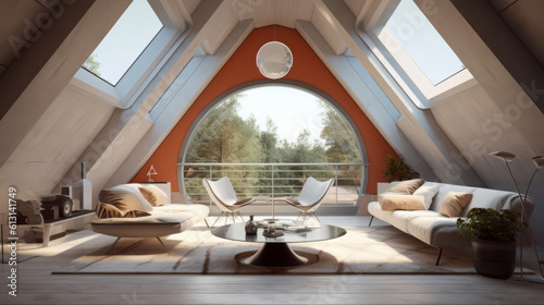 Attic room of a beautiful futuristic design. AI Generated.