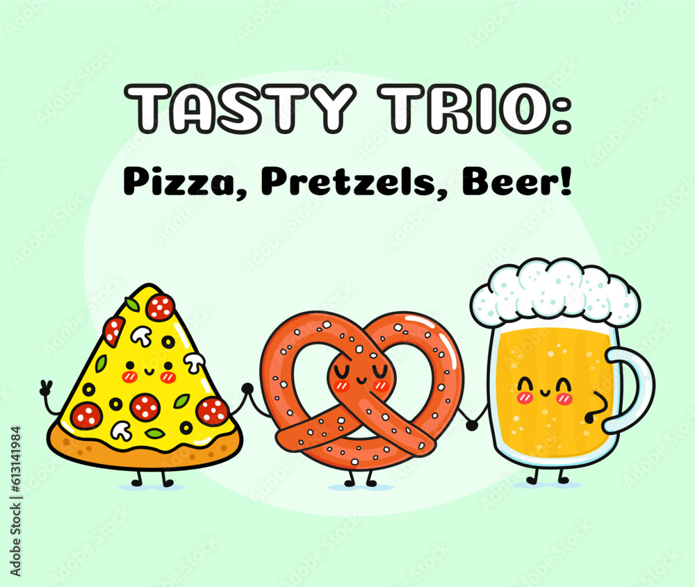 Cute, funny happy glass of beer, pizza and pretzel. Vector hand drawn cartoon kawaii characters, illustration icon. Funny cartoon glass of beer, pizza and pretzel mascot friends concept Cute, funny happy glass of beer, pizza and pretzel. Vector hand drawn cartoon kawaii characters, illustration icon. Funny cartoon glass of beer, pizza and pretzel mascot friends concept