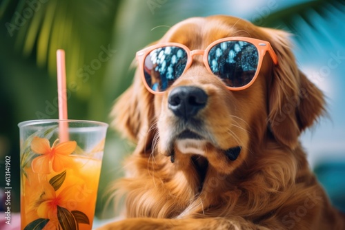 Golden Retriever basks in the sun, wearing a Hawaiian shirt and sipping a refreshing coconut drink by a palm tree. Generative AI
