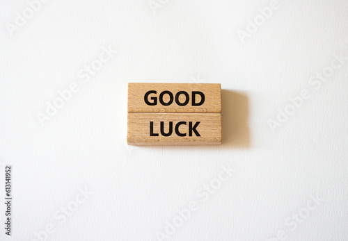 Good luck symbol. Wooden blocks with words Good luck. Beautiful white background. Business and Good luck concept. Copy space.