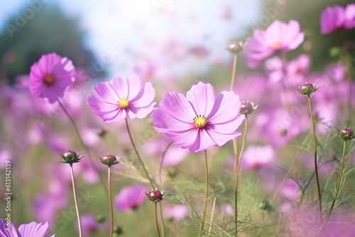 A field of pink cosmos flowers with a blue sky in the background. Generative AI.