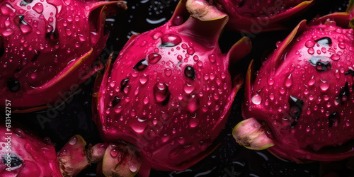 Top view closeup of ripe fresh dragon fruit in water drops on a black background surface. Exotic fruit wallpaper, fresh healthy dragonfruit wallpaper. Generative AI professional photo imitation. photo