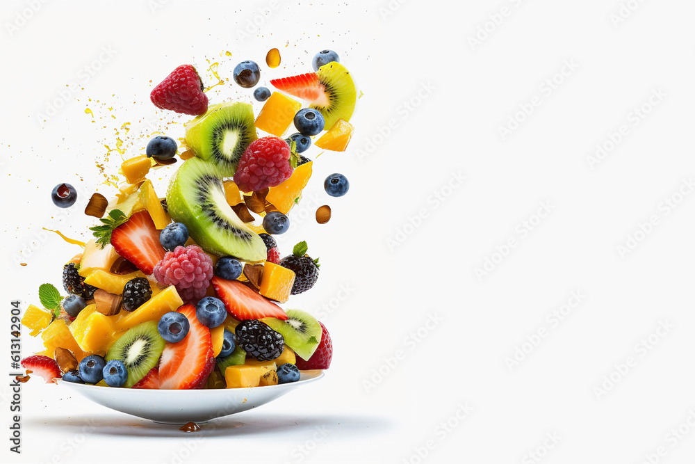 Summer multicolored fruit salad of mango, kiwi, raspberry, blueberry, in a plate on a white background, Generative AI, generative artificial intelligence