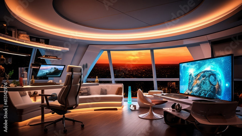 Home Office room of a beautiful futuristic design. AI Generated.