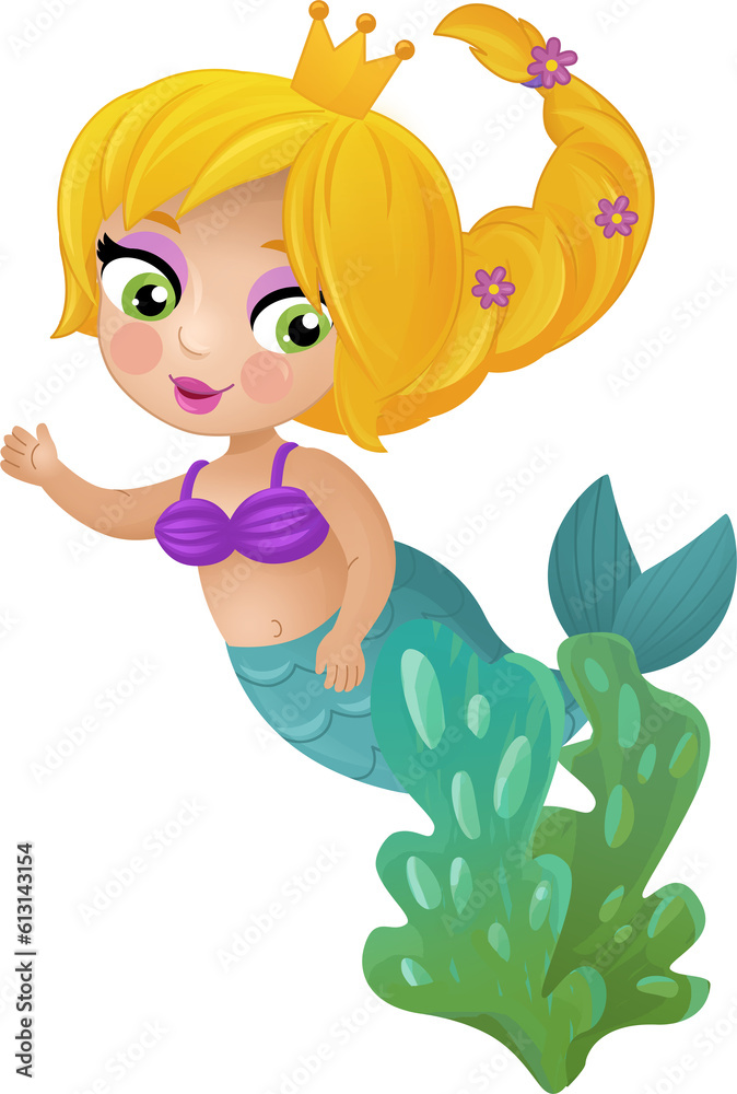 Obraz premium cartoon scene with mermaid princesss wimming near coral reef isolated illustration for children