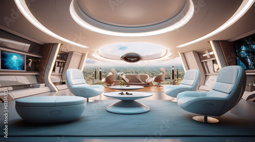 Living Room of a beautiful futuristic design. AI Generated. © Narin