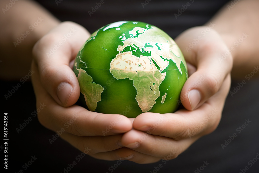Generative Ai of a child's hand holding the planet Earth. Generative Ai of a child's hand holding the planet Earth.