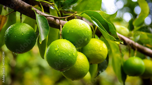 A green, naturally-grown lime citrus fruit suspended from a tree. Generative AI