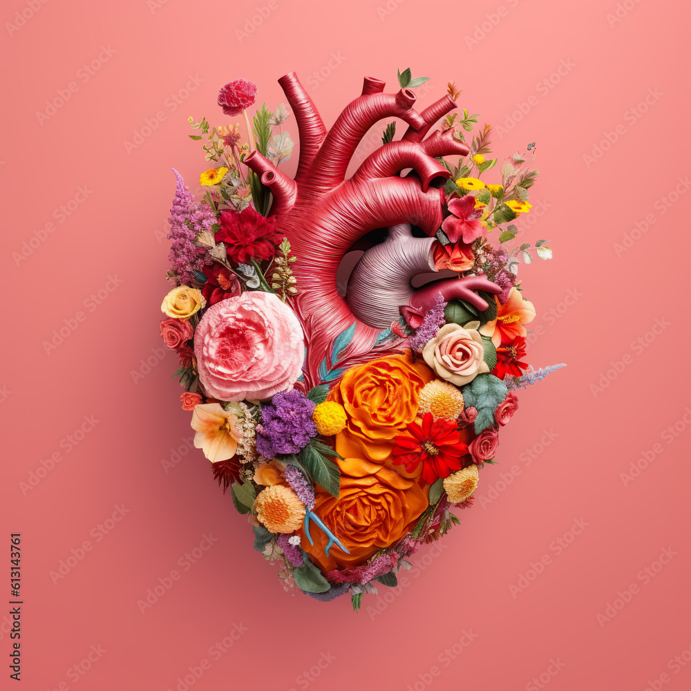 A heart made of flowers on a pink background. Generative AI.