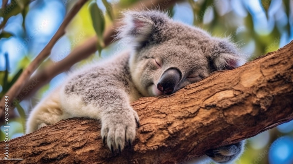 Obraz premium Snuggly koala dozing in the tree. Generative AI