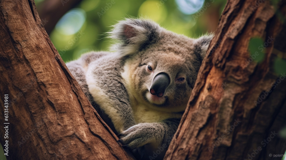 Fototapeta premium Snuggly koala dozing in the tree. Generative AI