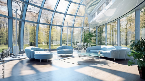 Sunroom of a beautiful futuristic design. AI Generated.