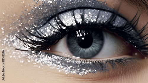 One solitary eye adorned with glistening silver eyeshadow. Generative AI