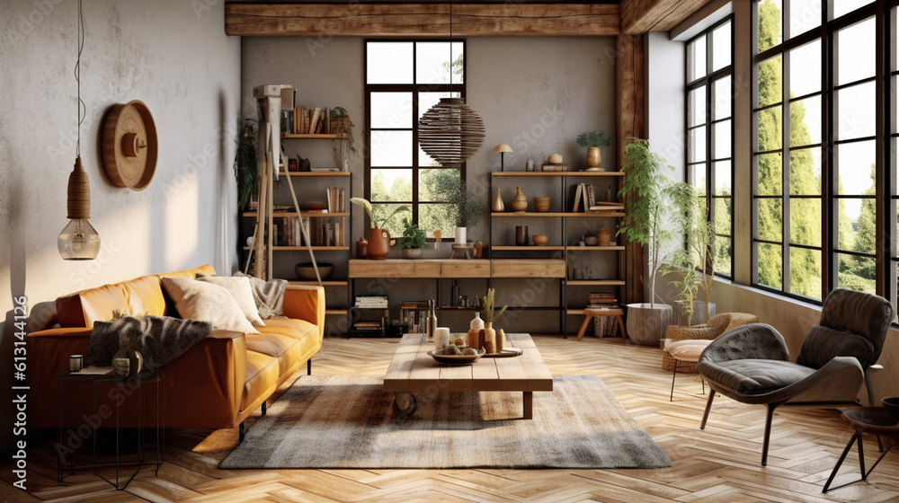 A warm and inviting living space adorned with a rustic wooden tabletop. Generative AI A warm and inviting living space adorned with a rustic wooden tabletop. Generative AI
