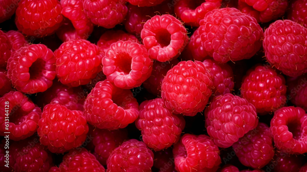 Background of raspberries. Juicy crimson fruits. Generative AI Background of raspberries. Juicy crimson fruits. Generative AI