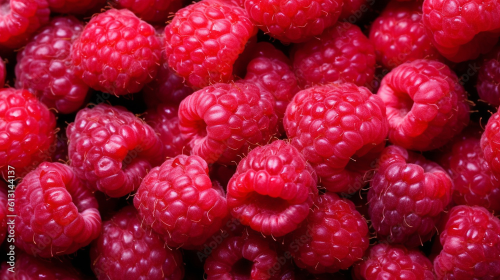 Background of raspberries. Juicy crimson fruits. Generative AI Background of raspberries. Juicy crimson fruits. Generative AI
