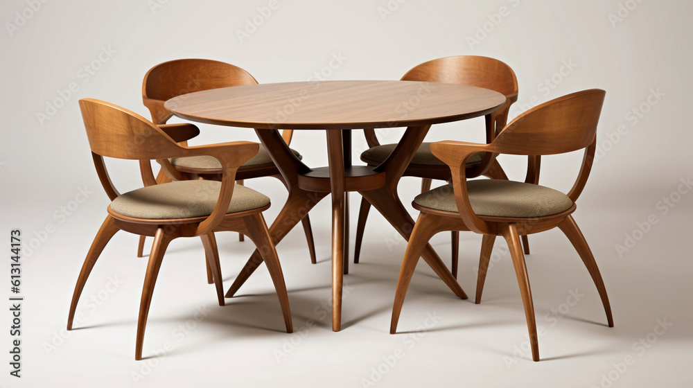 Circular wooden dining table and accompanying chairs. Generative AI Circular wooden dining table and accompanying chairs. Generative AI