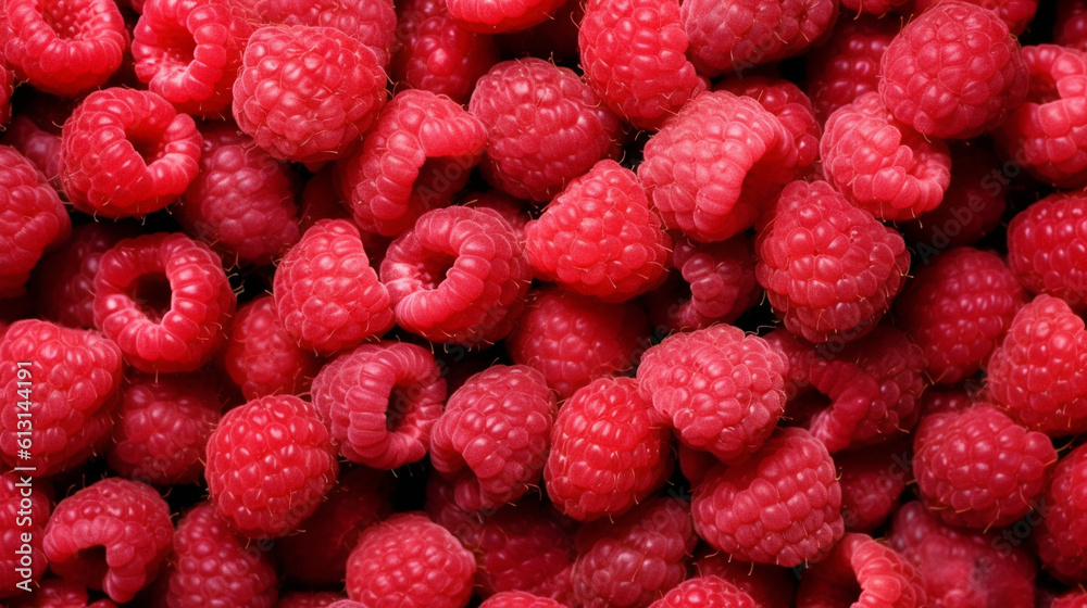 Background of raspberries. Juicy crimson fruits. Generative AI Background of raspberries. Juicy crimson fruits. Generative AI
