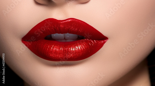 Close-up of vibrant red lips. Exquisite makeup design showcasing bold crimson hues. Generative AI