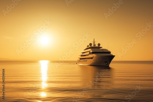 Generative AI of a cruise boat at sunset at sea. 