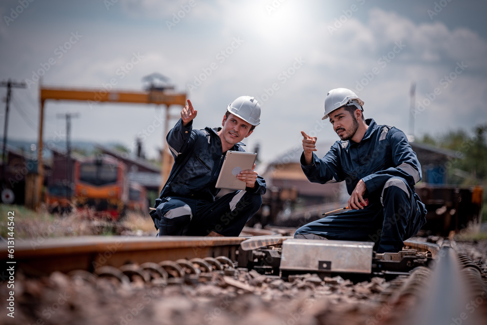 Engineer railway under inspection and checking construction railway switch and maintenence work on railroad station by tablet .Engineer wearing safety uniform and safety helmet in work Engineer railway under inspection and checking construction railway switch and maintenence work on railroad station by tablet .Engineer wearing safety uniform and safety helmet in work