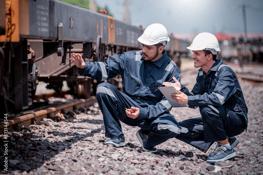 Engineer railway under inspection and checking construction railway switch and maintenence work on railroad station by tablet .Engineer wearing safety uniform and safety helmet in work Engineer railway under inspection and checking construction railway switch and maintenence work on railroad station by tablet .Engineer wearing safety uniform and safety helmet in work