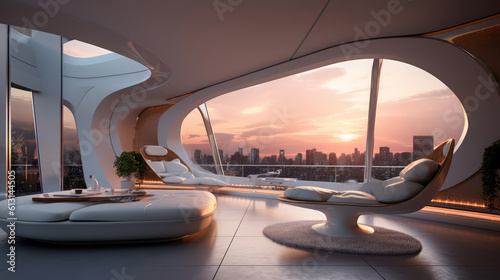 Terrace room of a beautiful futuristic design. AI Generated.