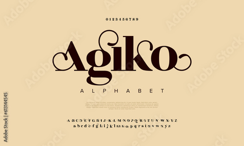 Agiko elegant luxury abstract wedding fashion logo font alphabet. Minimal classic  urban fonts for logo, brand etc. Typography typeface uppercase lowercase and number. vector illustration