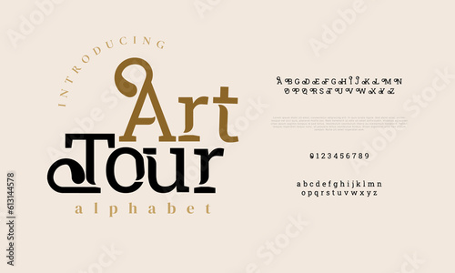 Arttour elegant luxury abstract wedding fashion logo font alphabet. Minimal classic  urban fonts for logo, brand etc. Typography typeface uppercase lowercase and number. vector illustration